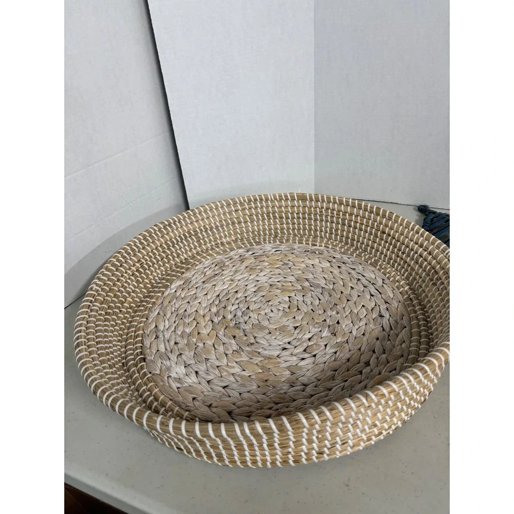 Woven Seagrass Round Tray‎ and Blue Leaf Decor Set Coastal Boho Home Accents